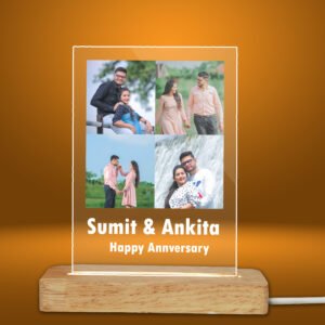 Personalized 3D Acrylic LED Lamp – Custom Photo & Names Night Light with Wooden Base – Best Couple Gift for Anniversary, Wedding & Valentine’s Day - Rectangle (4 Pics)