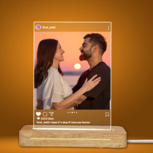 Personalized 3D Acrylic LED Lamp – Custom Photo & Names Night Light with Wooden Base – Best Couple Gift for Anniversary, Wedding & Valentine’s Day - Rectangle (1 Pic Instagram Theme)